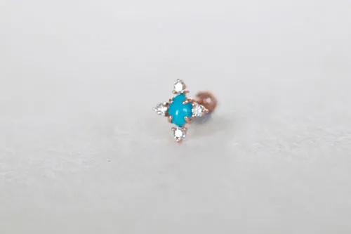 14K 18K Solid Gold Genuine Cognac Diamond & Natural Oval  Turquoise Cartilage Tragus Helix Barbell Piercing