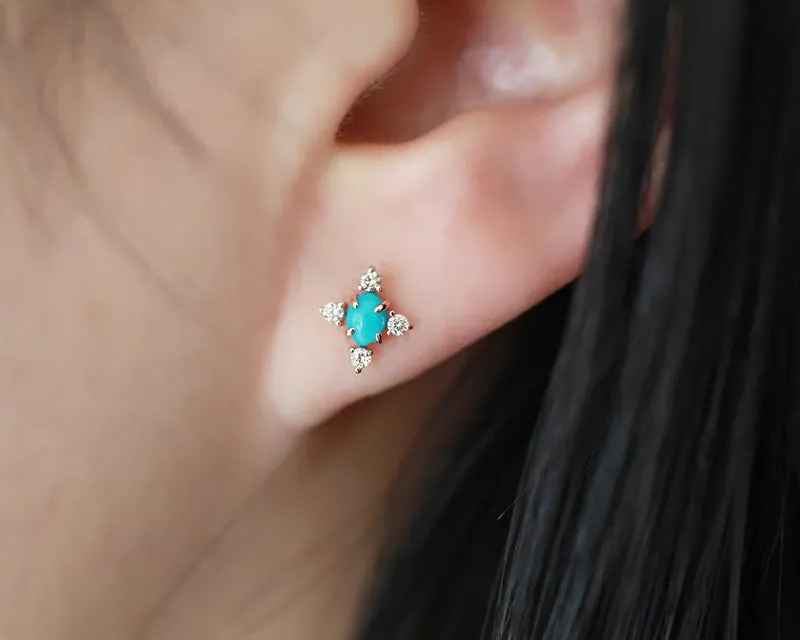 14K 18K Solid Gold Genuine Cognac Diamond & Natural Oval  Turquoise Cartilage Tragus Helix Barbell Piercing