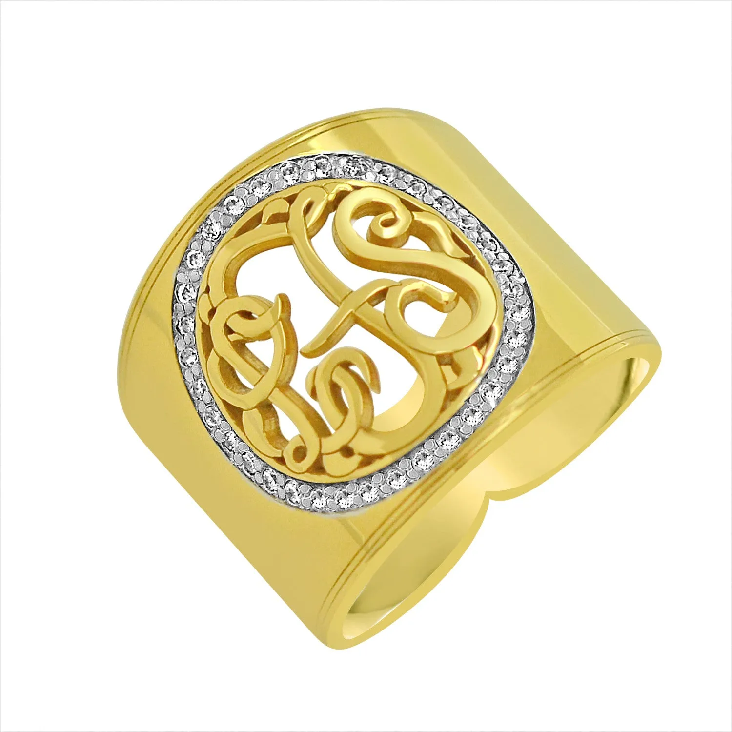 14K Gold Cigar Band Diamond Monogram Ring