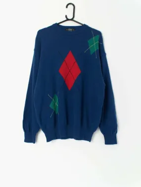 80s St Michael lambswool sweater in bold blue with red diamond – Large