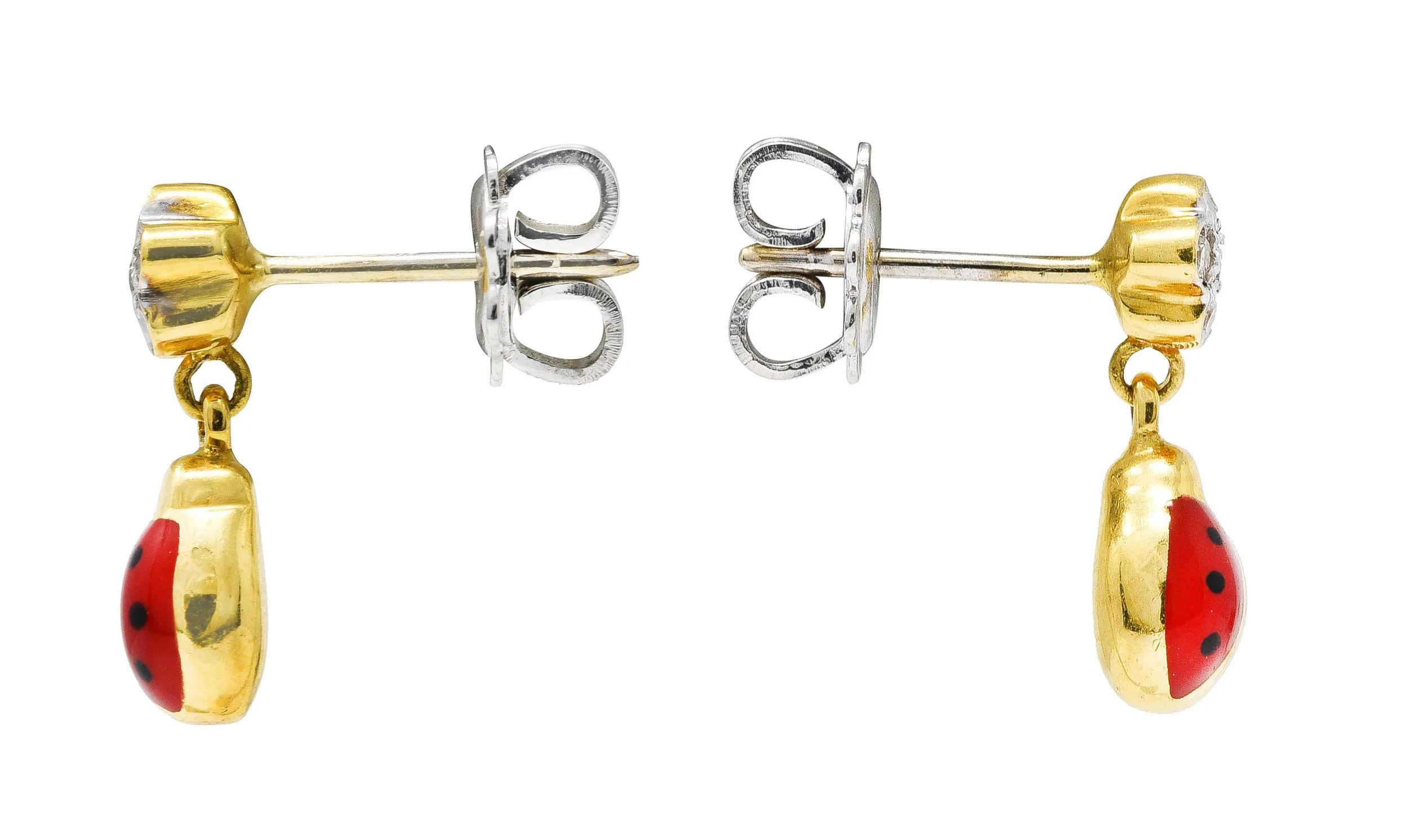 Aaron Basha Contemporary Diamond Enamel Two-Tone 18 Karat Gold Ladybug Flower Earrings