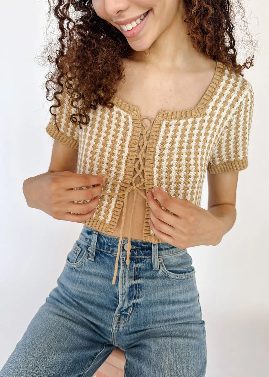 Amore Lace Up Crop Sweater - Taupe & White