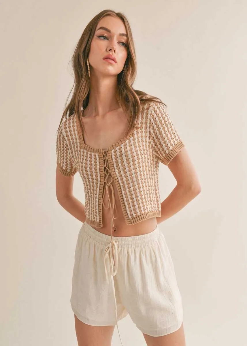 Amore Lace Up Crop Sweater - Taupe & White