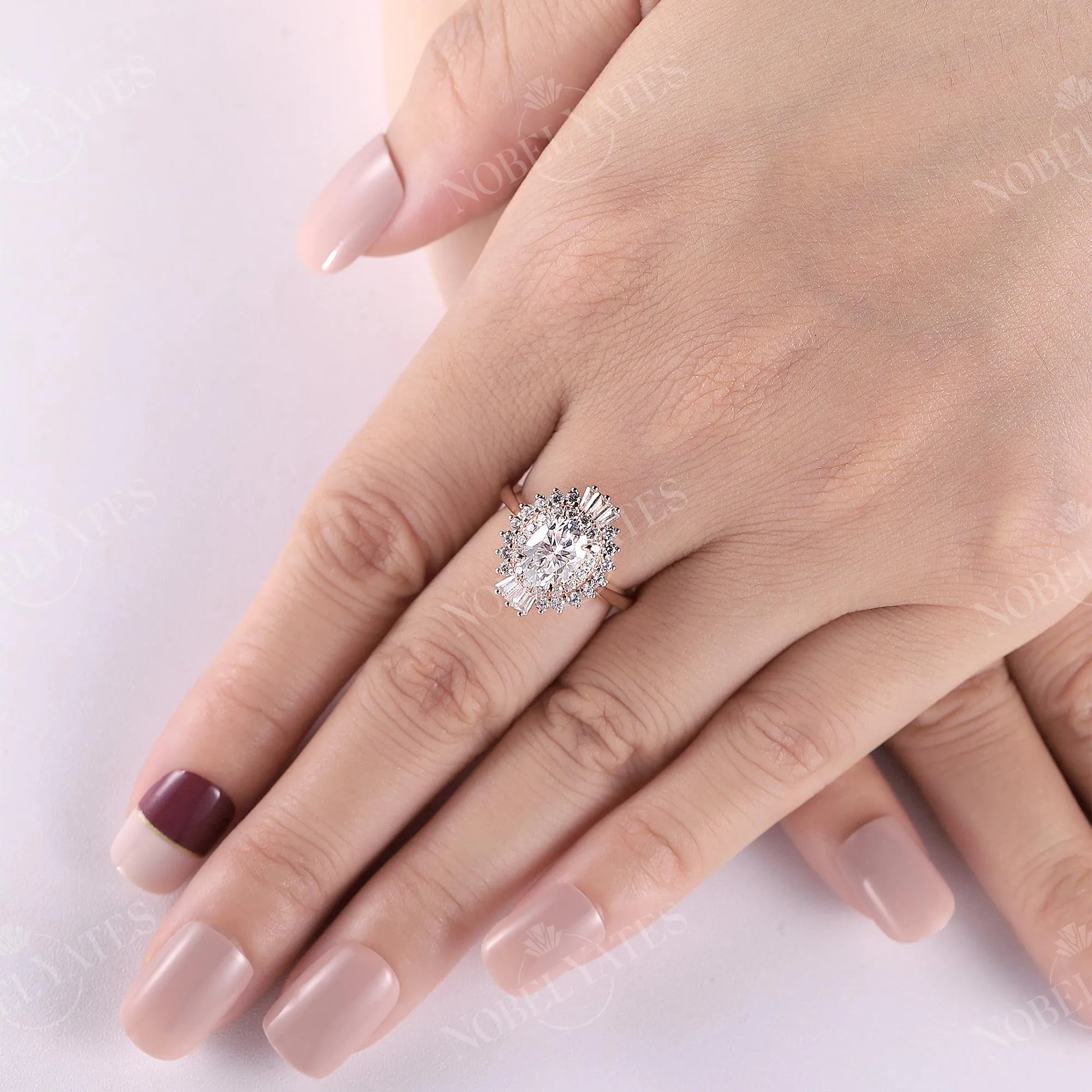 Art deco Oval Moissanite Halo Engagement Ring Rose Gold