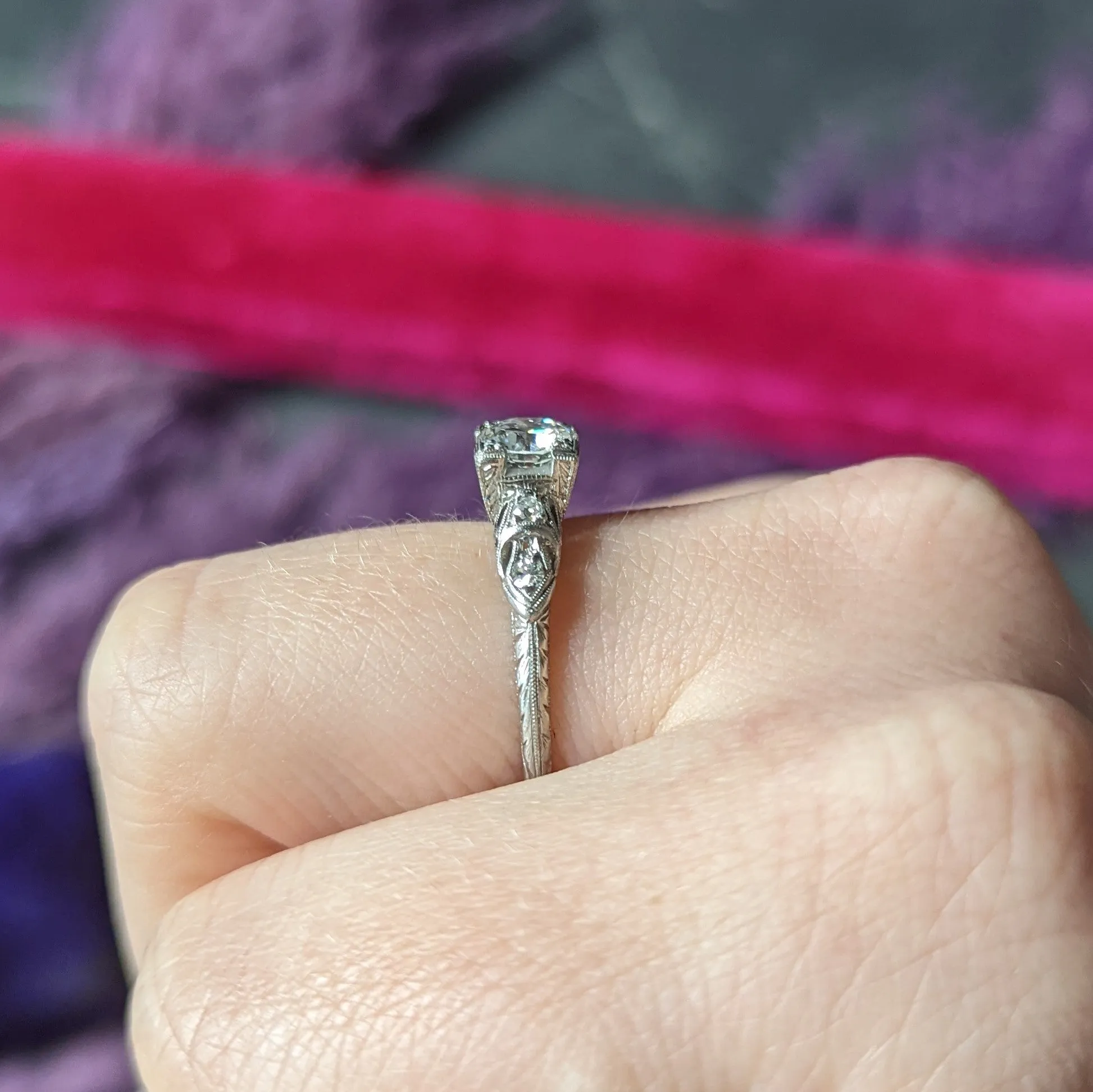 Art Deco Transitional Cut 0.92 CTW Diamond Platinum Square Form Ornate Engagement Ring