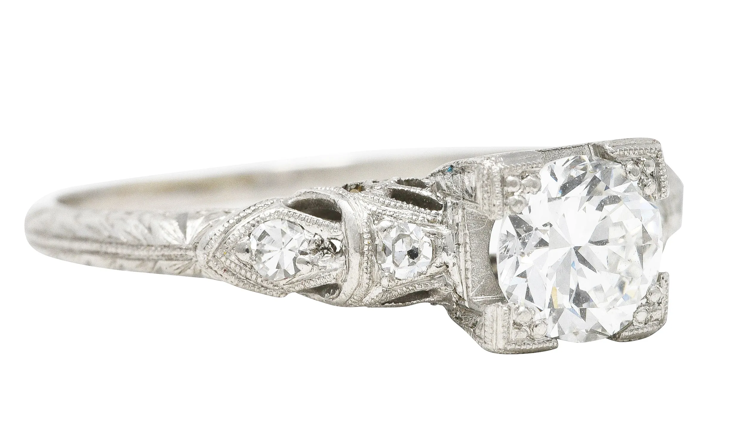 Art Deco Transitional Cut 0.92 CTW Diamond Platinum Square Form Ornate Engagement Ring