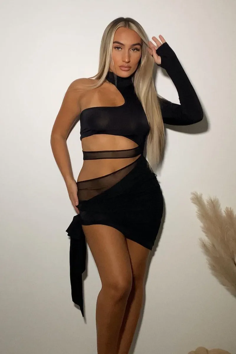 Black Gathered Mesh Panel Cut Out Mini Dress - Bevie