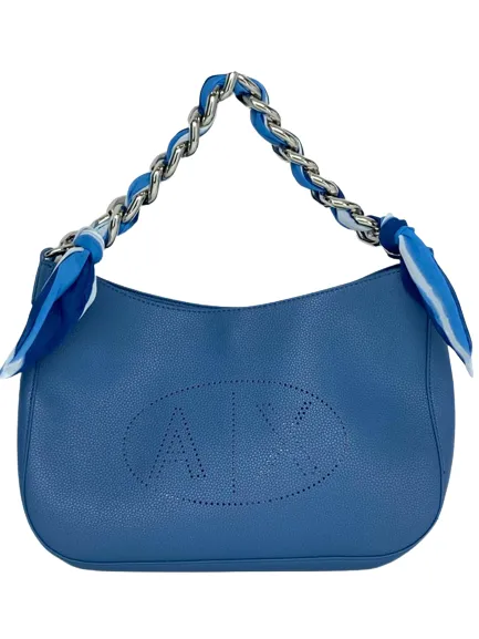 BORSA A SPALLA AZZURRA CON TRACOLLA IN CATENA CON FOULARD