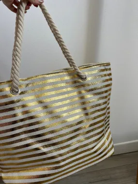 Borsa mare a righe oro con manici in corda