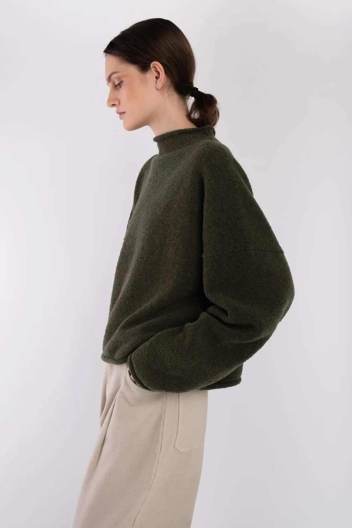 Boucle Rolled Sweater - Olive