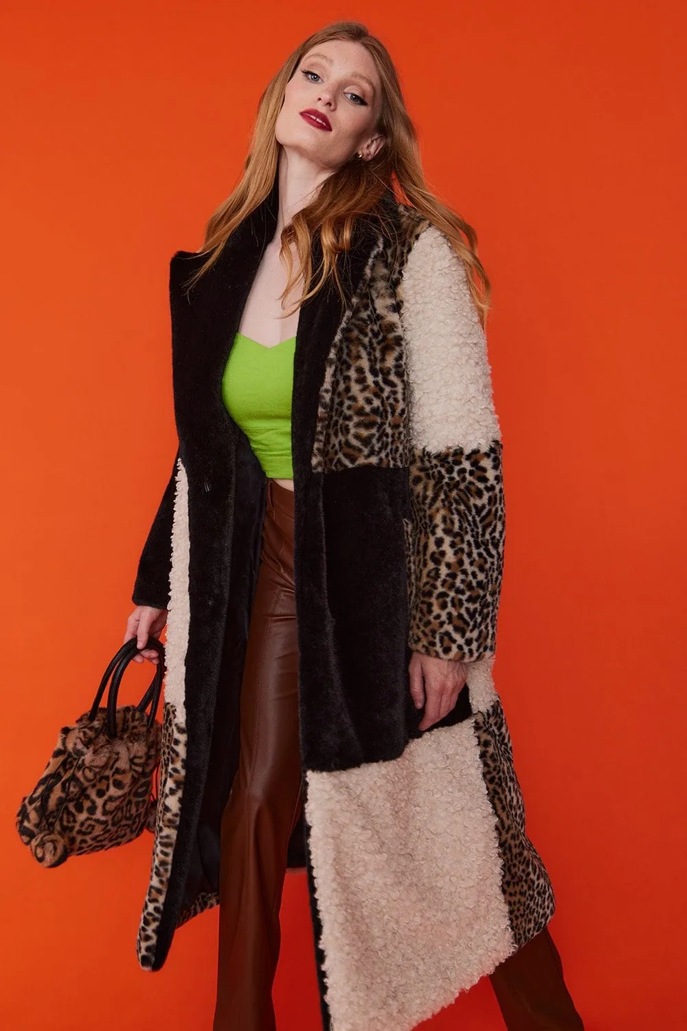 Carmela Checkered Leopard Faux Fur Long Coat