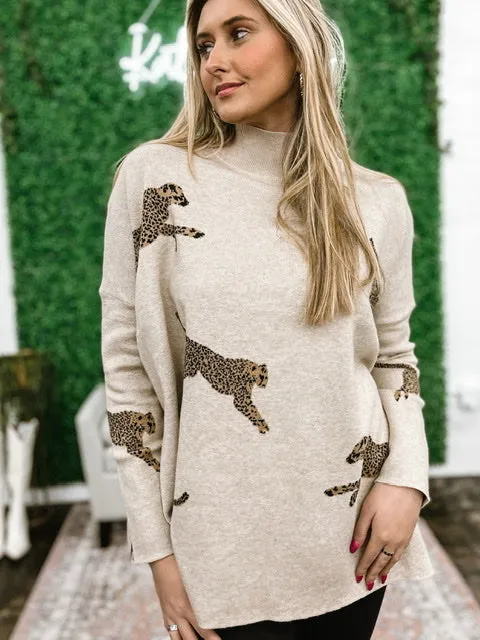 Cheetah Print Long Sleeve Mock Neck Sweater - Pink