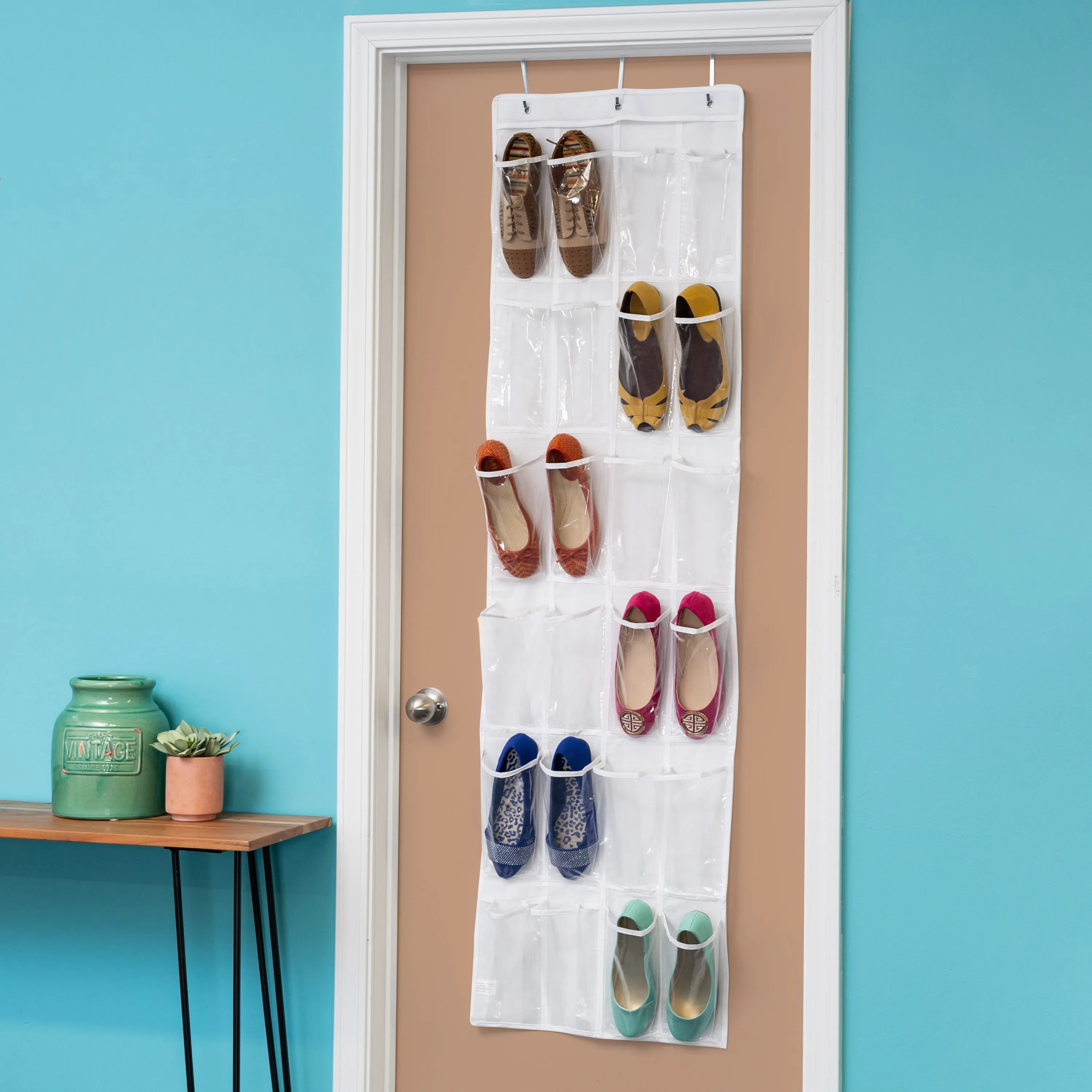 Clear/White 24-Pocket Over-The-Door Hanging Shoe Organizer