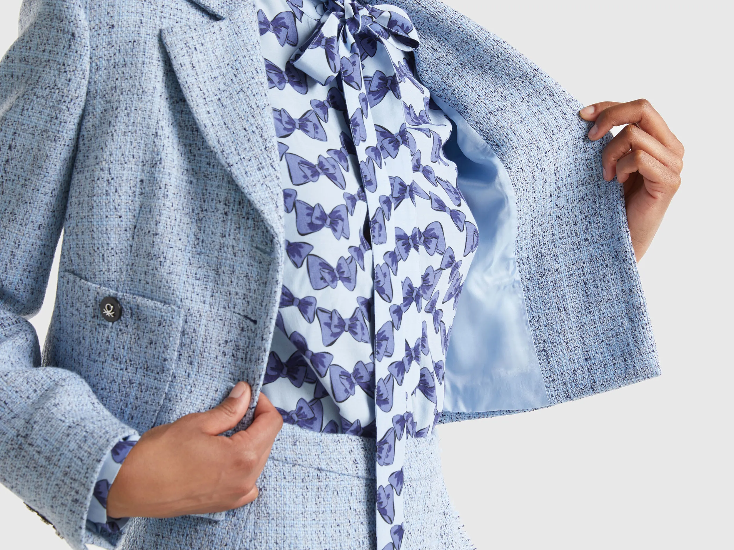 Cropped tweed blazer - Light Blue | Benetton