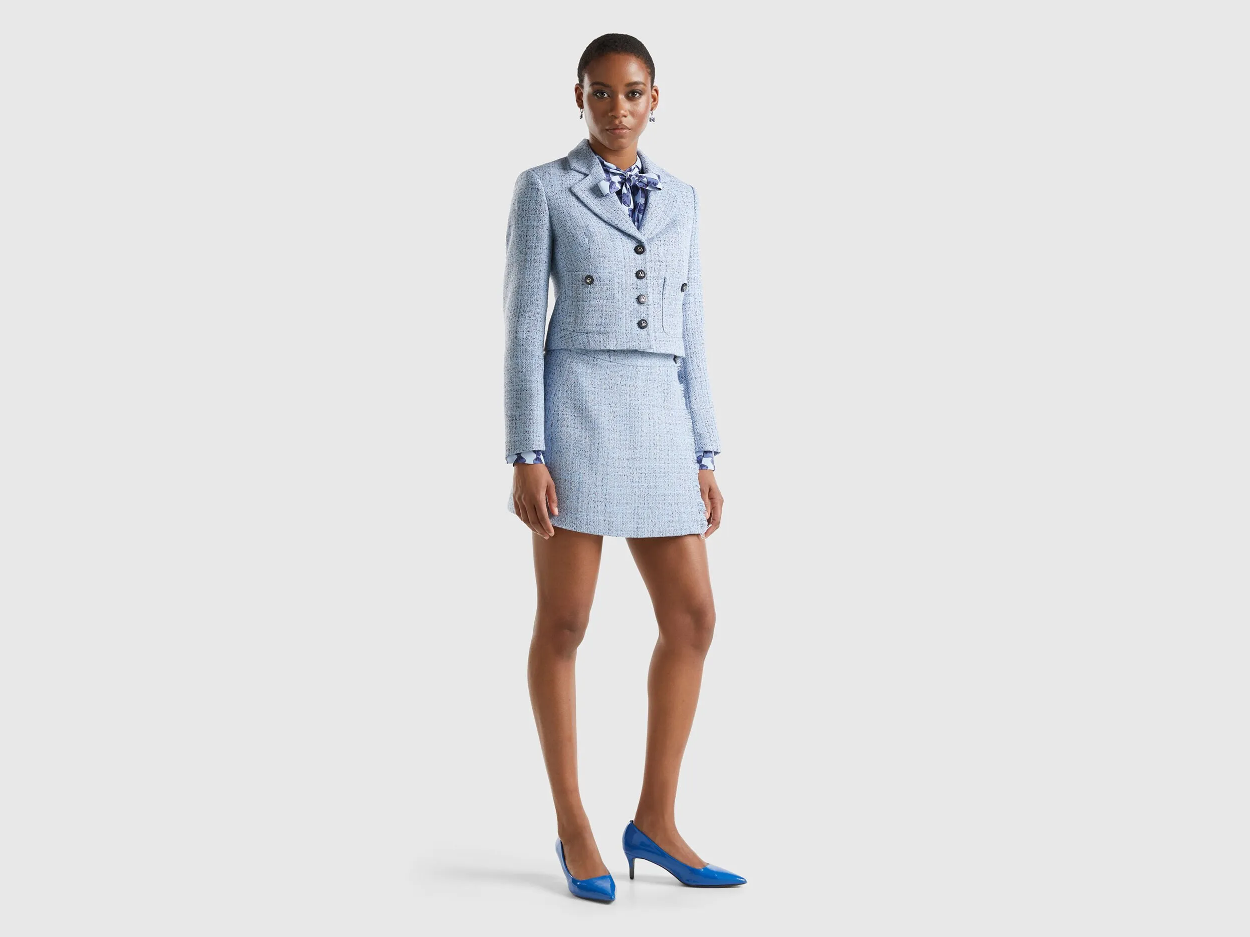 Cropped tweed blazer - Light Blue | Benetton