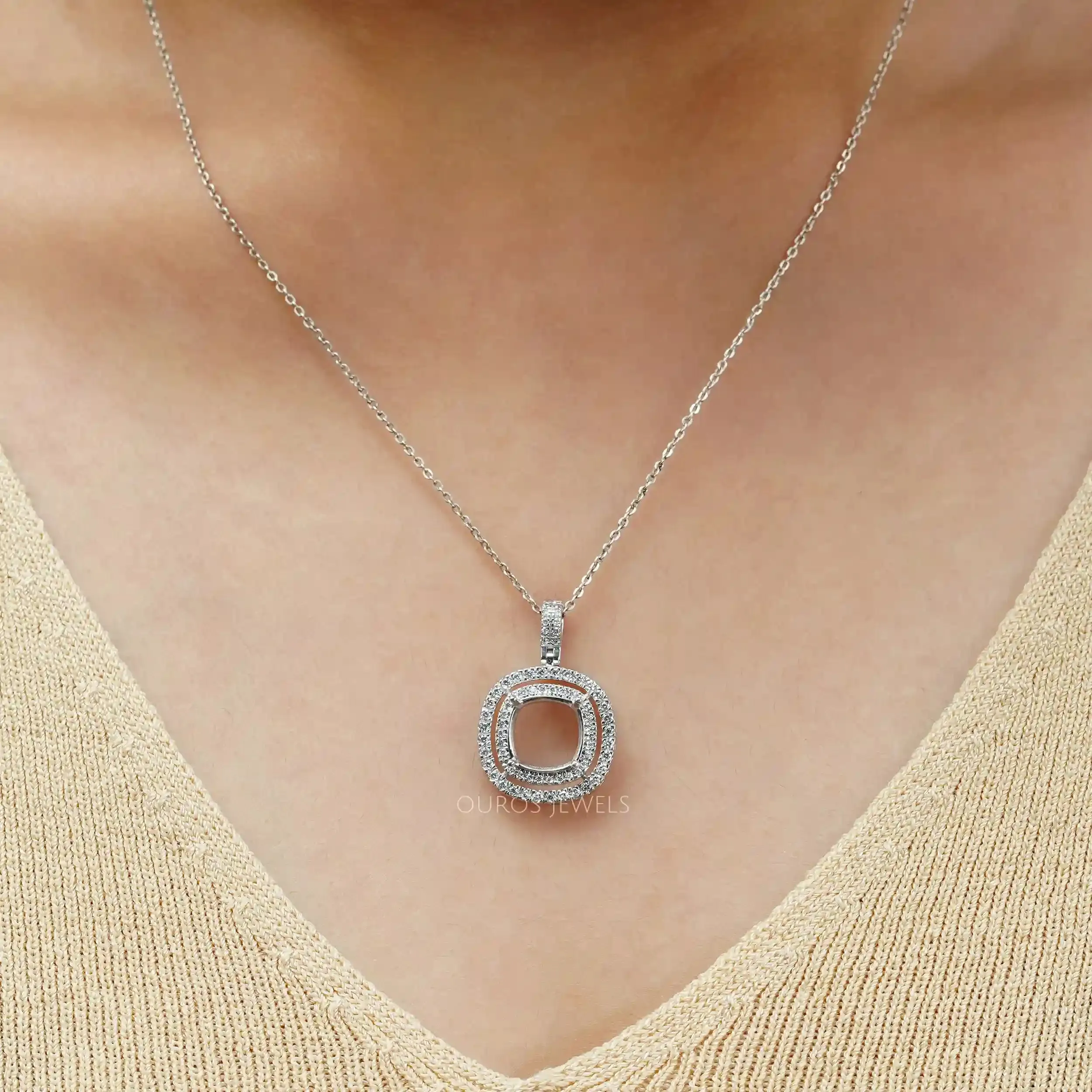 Cushion Shape Double Halo Semi Mount  Pendant