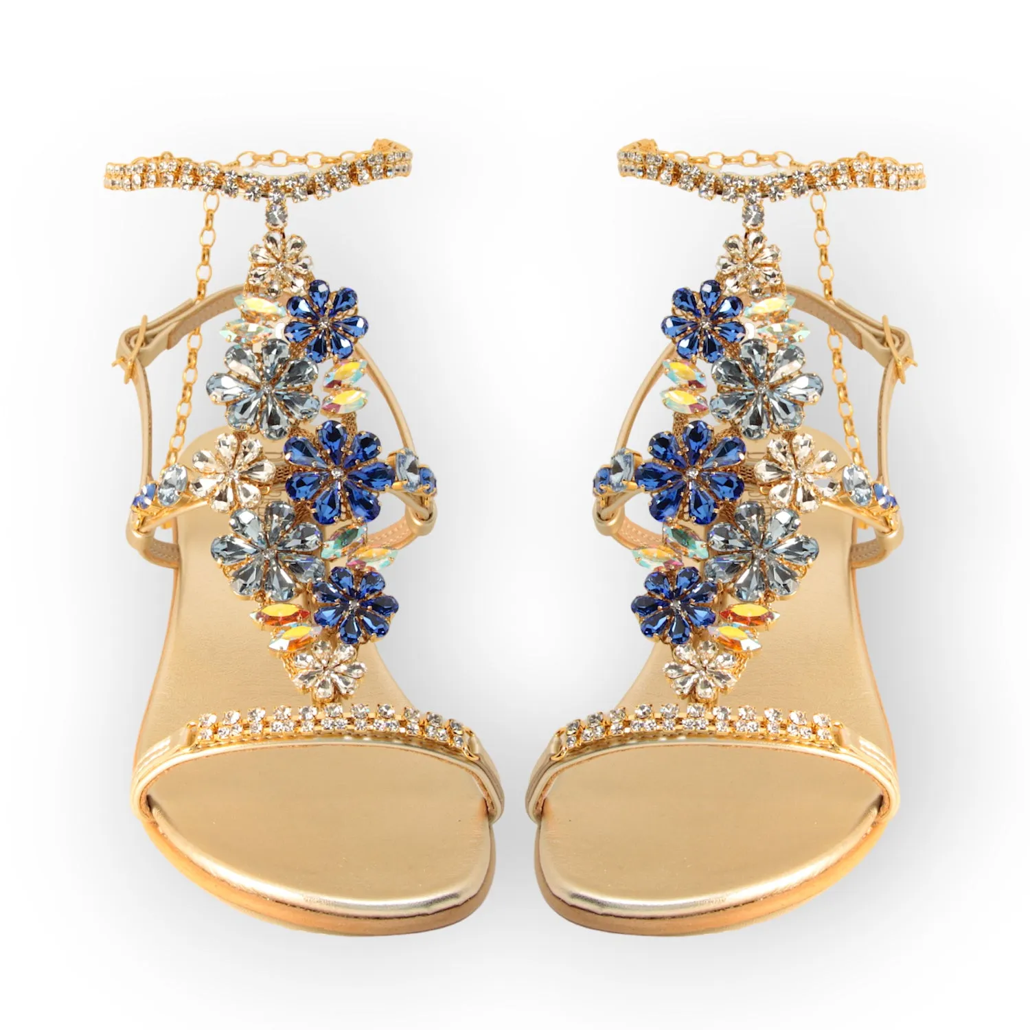 Daisy Aquamarine, Jewel Sandal With Crystal Flowers And Block Heel