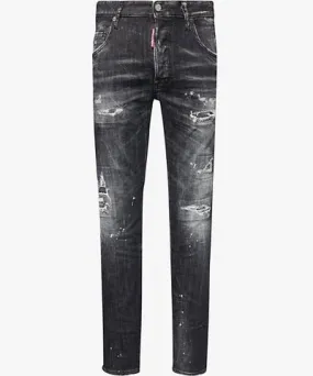 DSQUARED2 Mens Black Skater paint-splatter distressed slim-fit tapered-leg stretch-denim jeans