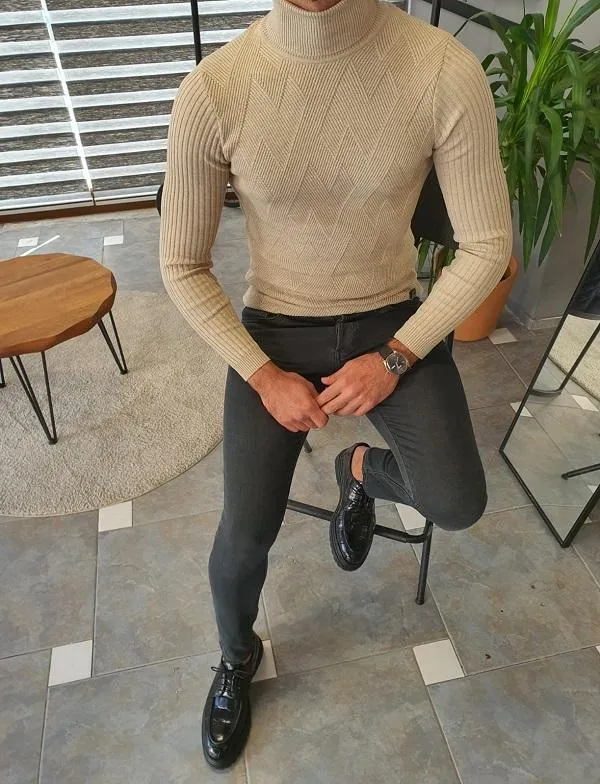 Elko Beige Slim Fit Turtleneck Sweater