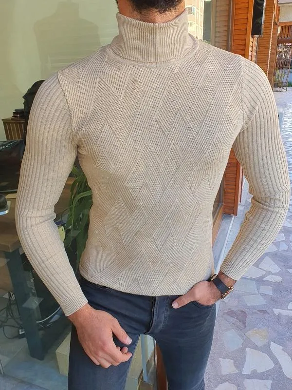 Elko Beige Slim Fit Turtleneck Sweater