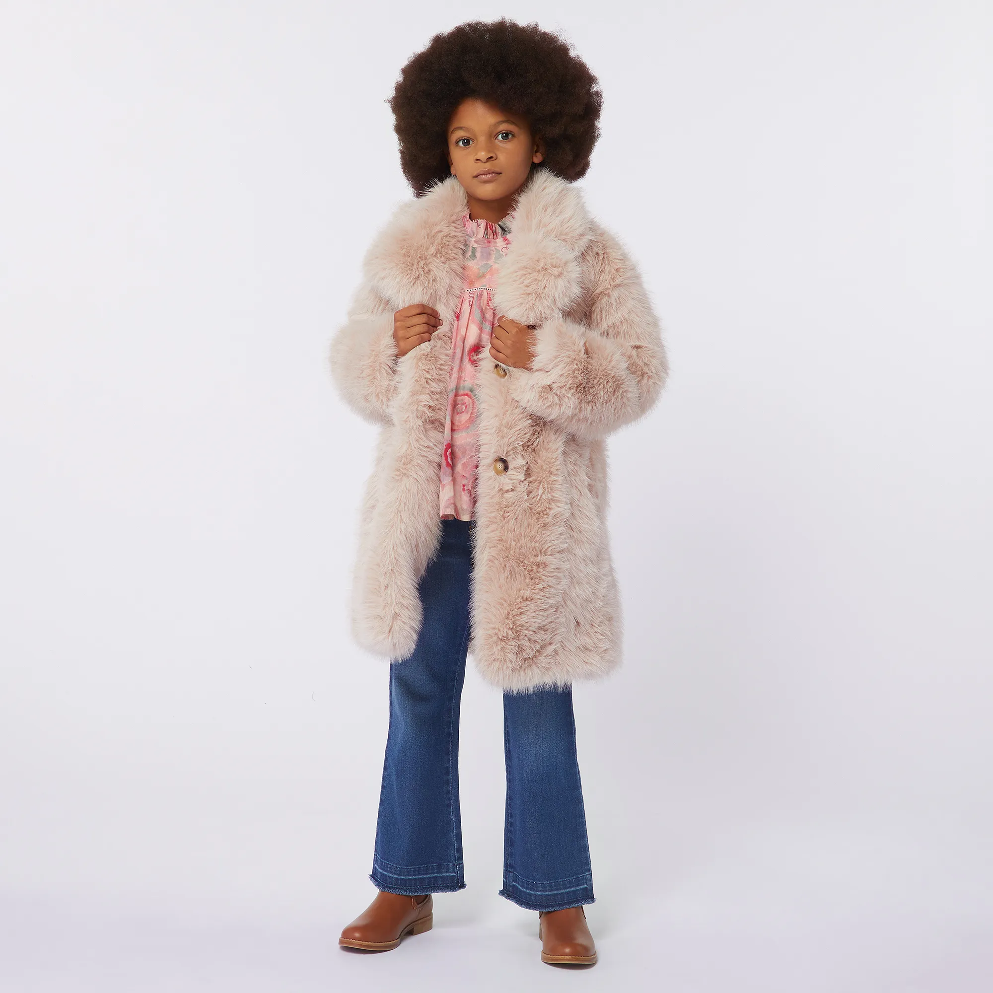 Girls Beige Faux Fur Coat