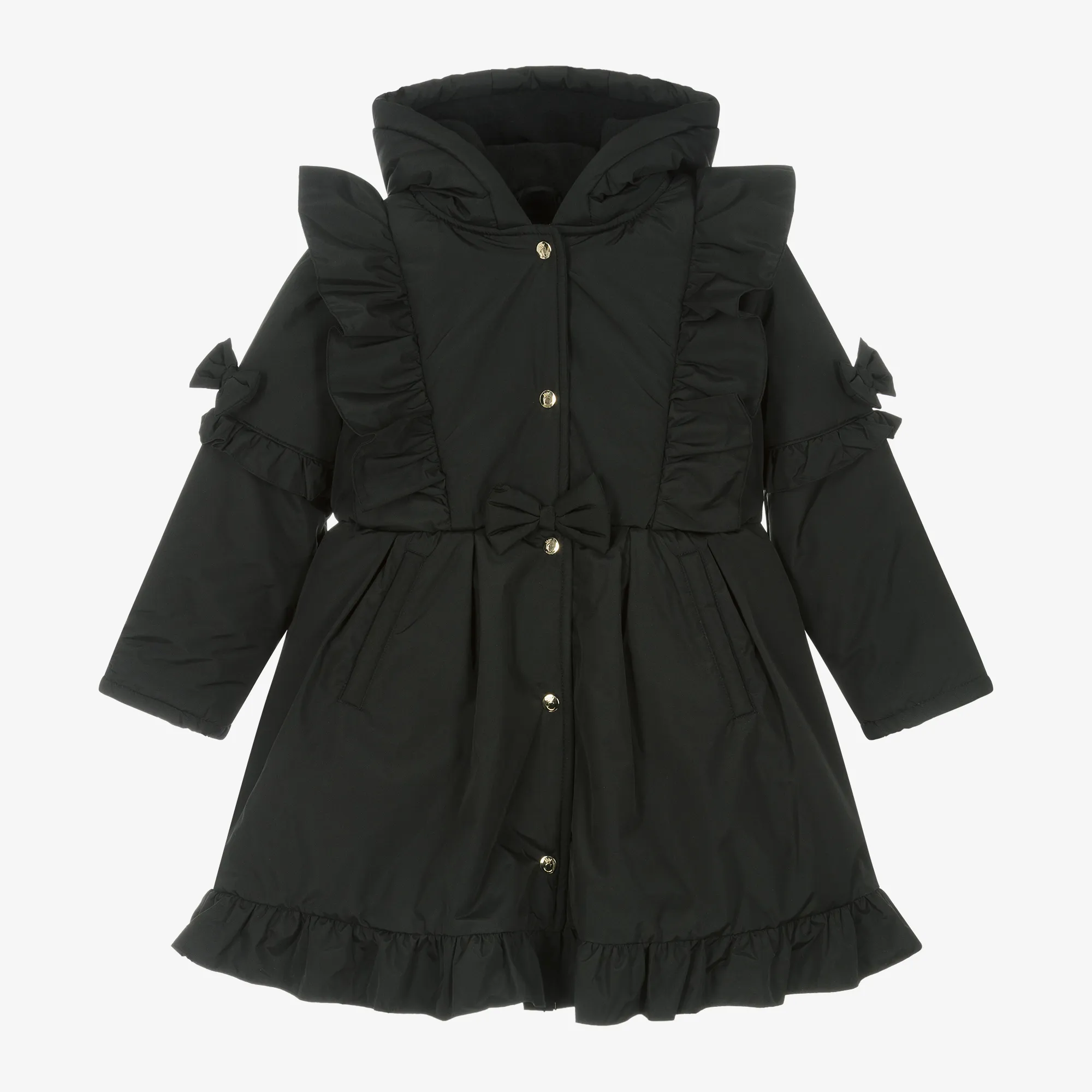 Girls Black Hooded Bow Coat