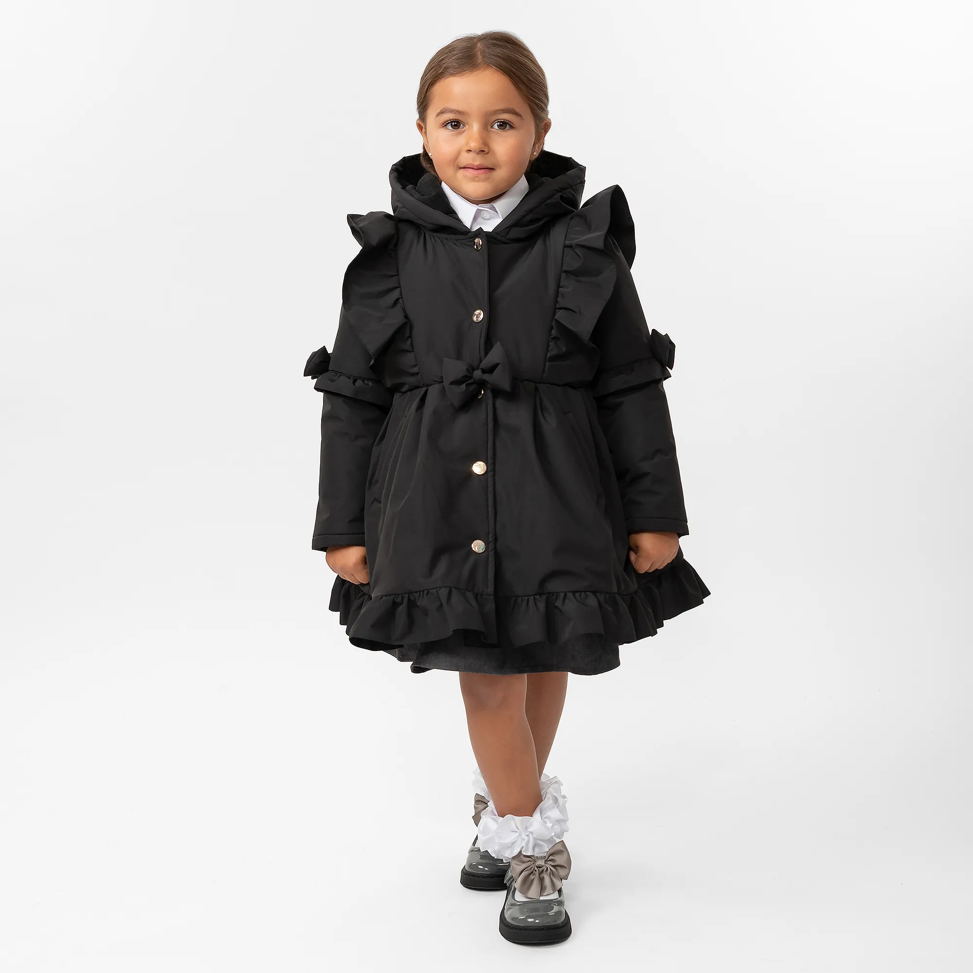 Girls Black Hooded Bow Coat