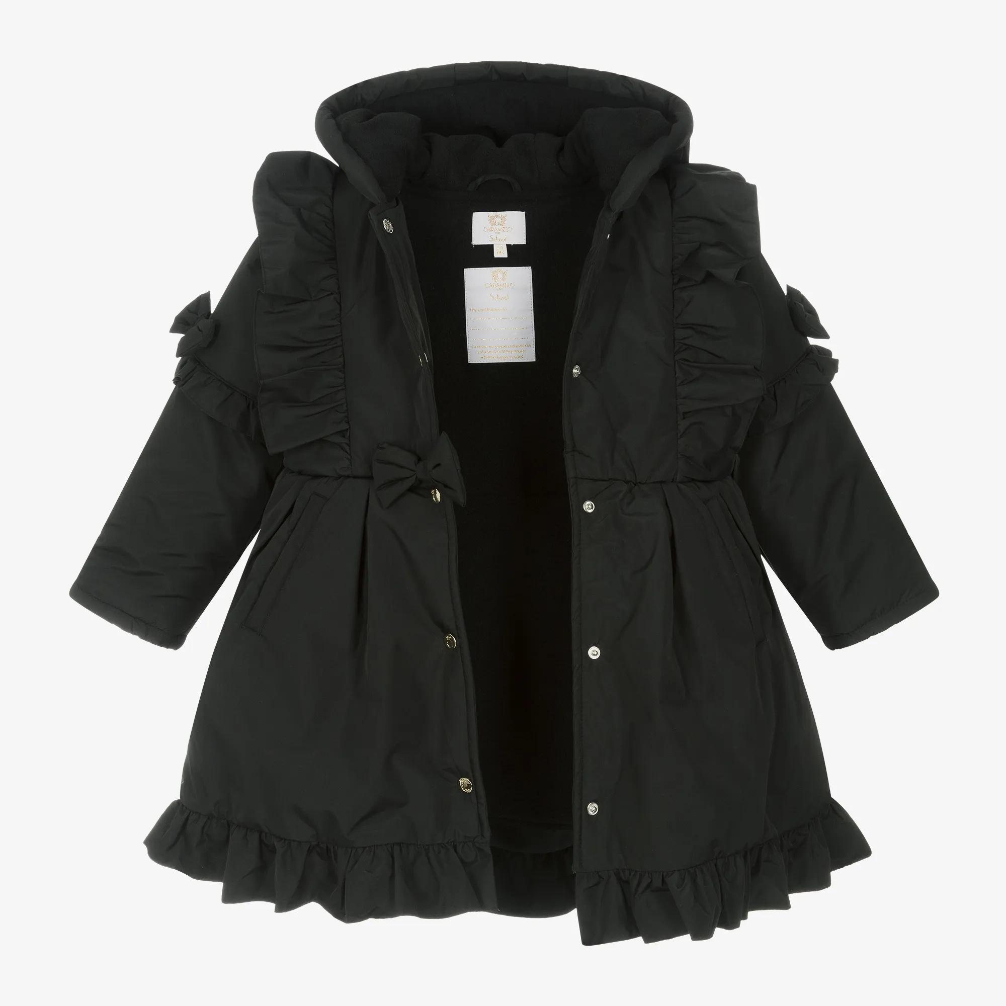 Girls Black Hooded Bow Coat