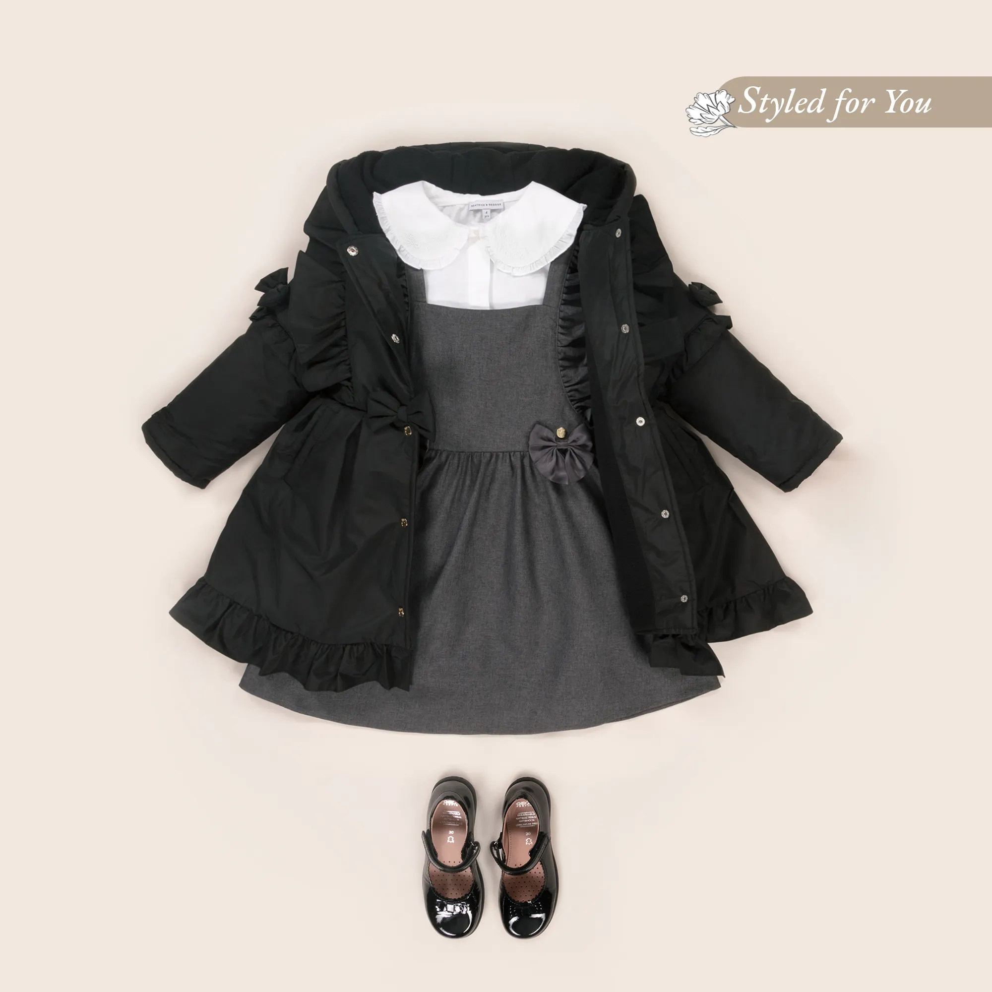 Girls Black Hooded Bow Coat