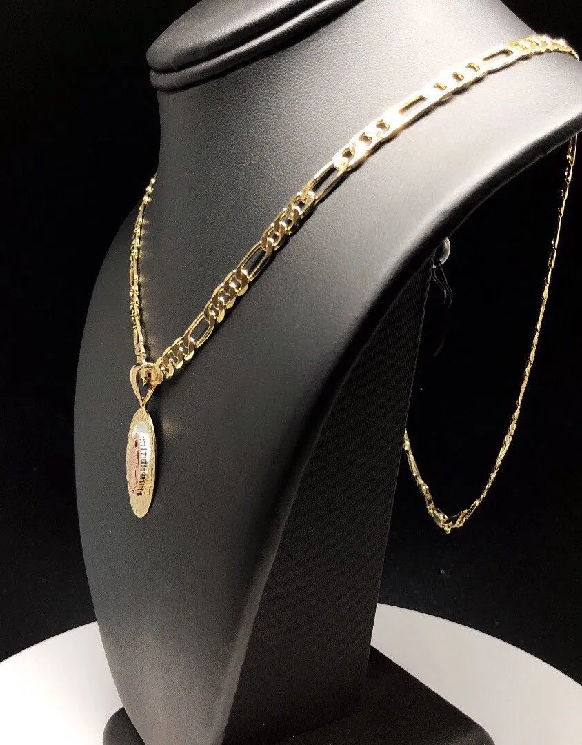 Gold Plated Small Tri-Color Virgin Mary Pendant with 26 Chain / Virgen De Guadalupe Tres Colores Medalla Cadena De 26” Oro Lamin