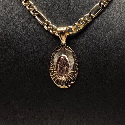 Gold Plated Small Tri-Color Virgin Mary Pendant with 26 Chain / Virgen De Guadalupe Tres Colores Medalla Cadena De 26” Oro Lamin