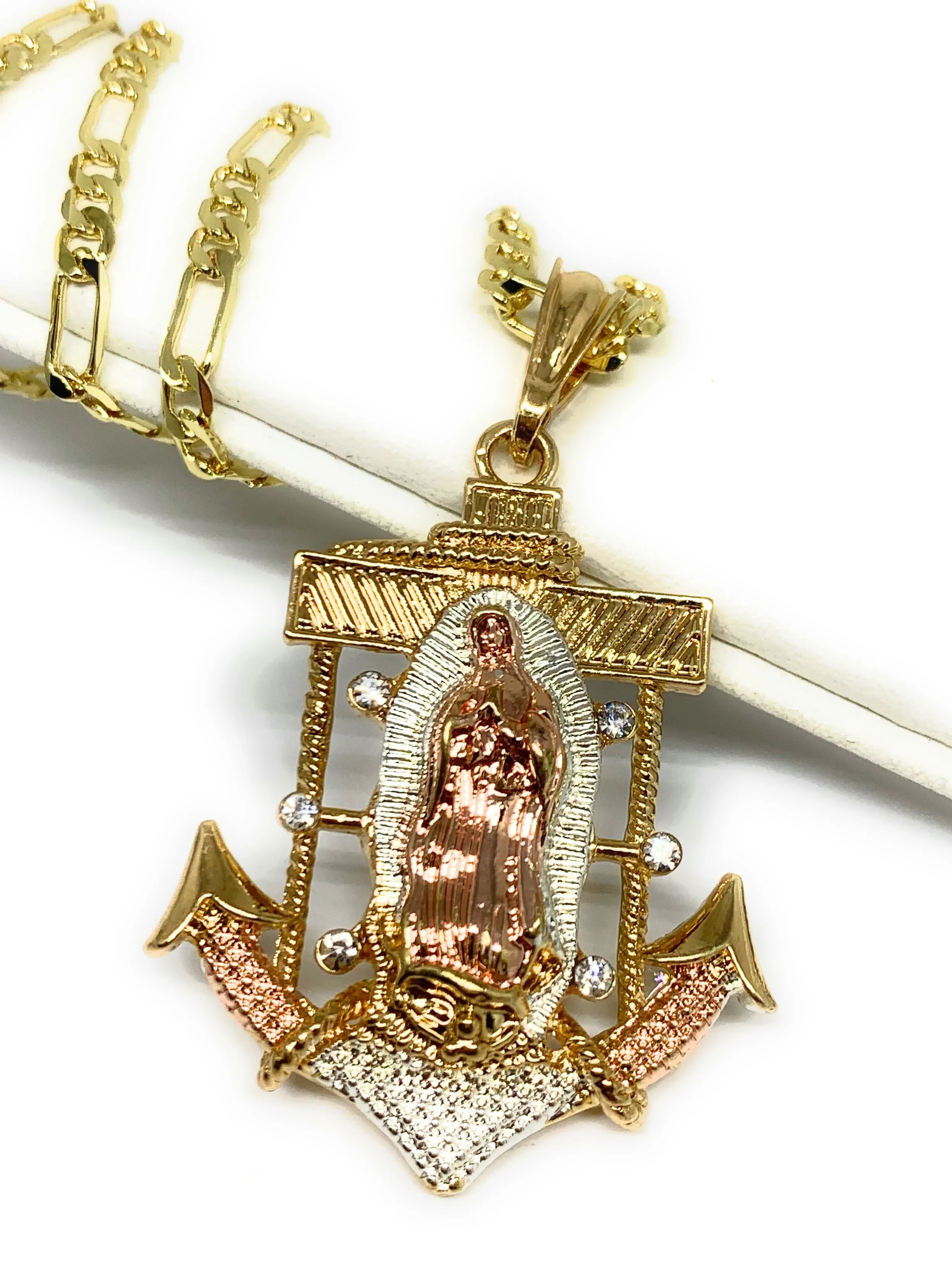 Gold Plated Tri-Color Virgin Mary Big XL Anchor Pendant 26 Figaro Chain