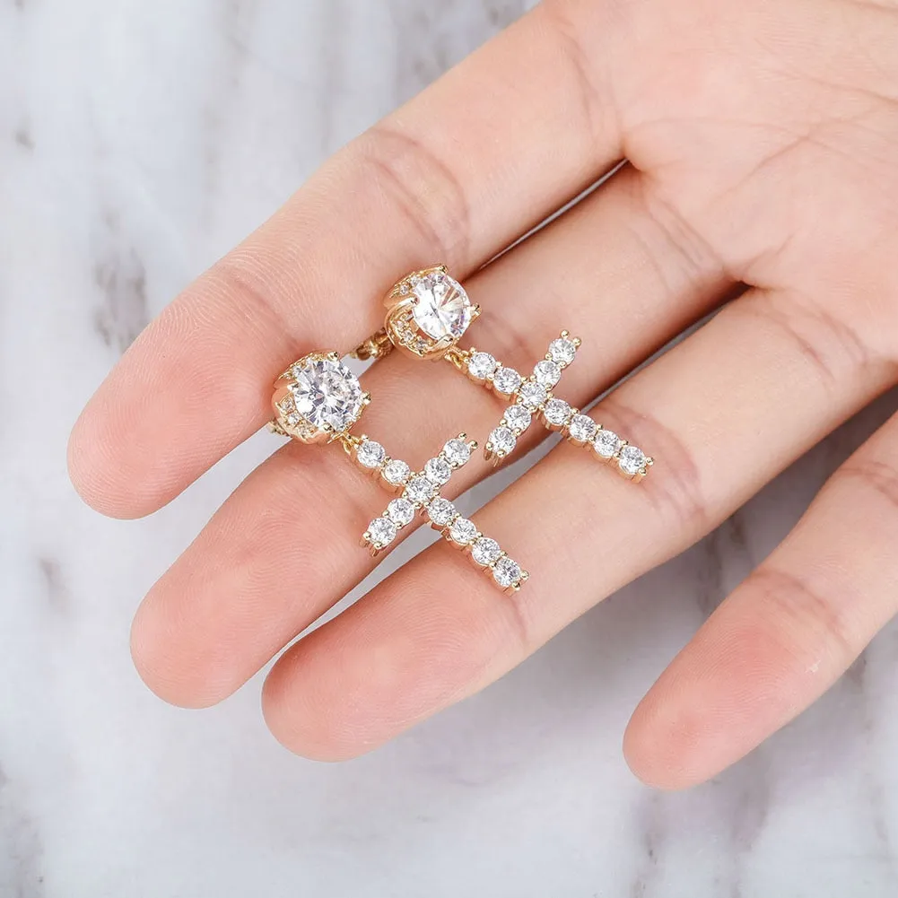 Iced Out Cubic Zirconia Cross Drop Women's Earrings Classic Fashion Jewelry