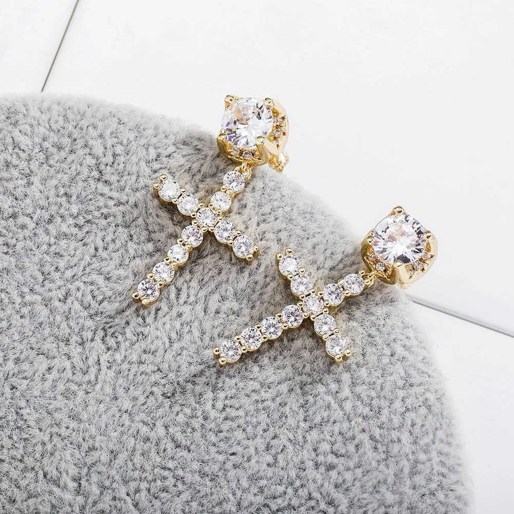 Iced Out Cubic Zirconia Cross Drop Women's Earrings Classic Fashion Jewelry