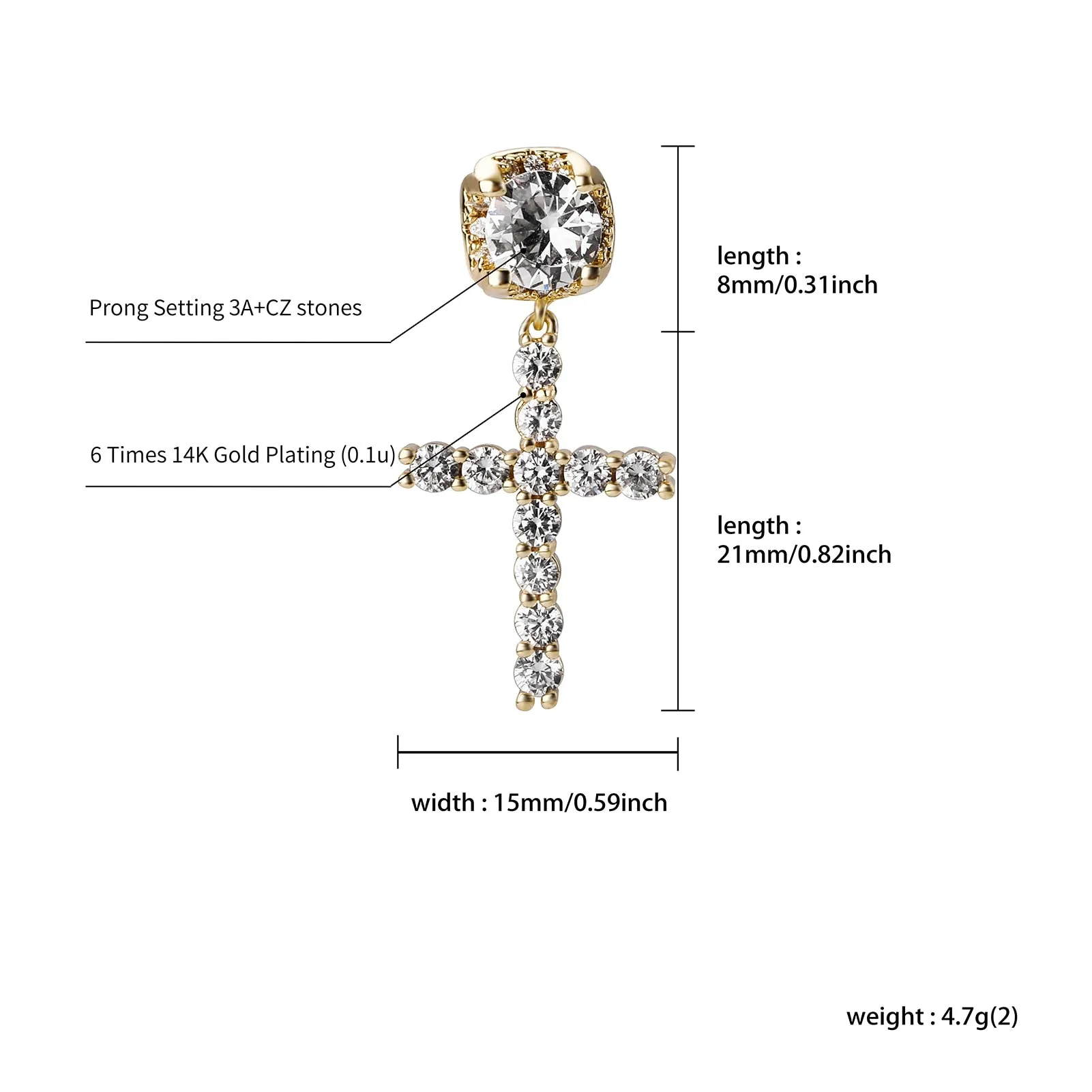 Iced Out Cubic Zirconia Cross Drop Women's Earrings Classic Fashion Jewelry