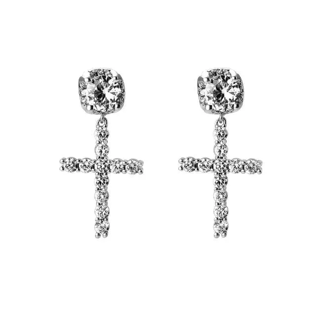 Iced Out Cubic Zirconia Cross Drop Women's Earrings Classic Fashion Jewelry