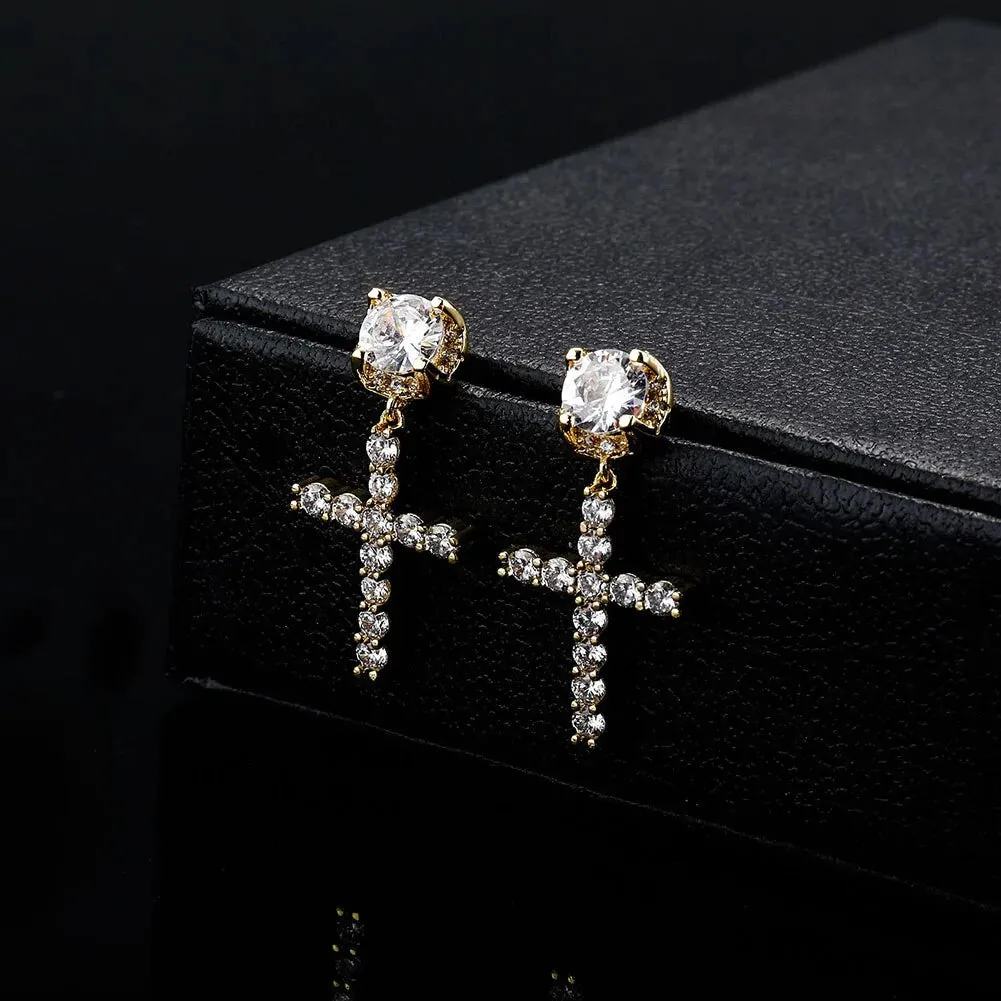 Iced Out Cubic Zirconia Cross Drop Women's Earrings Classic Fashion Jewelry