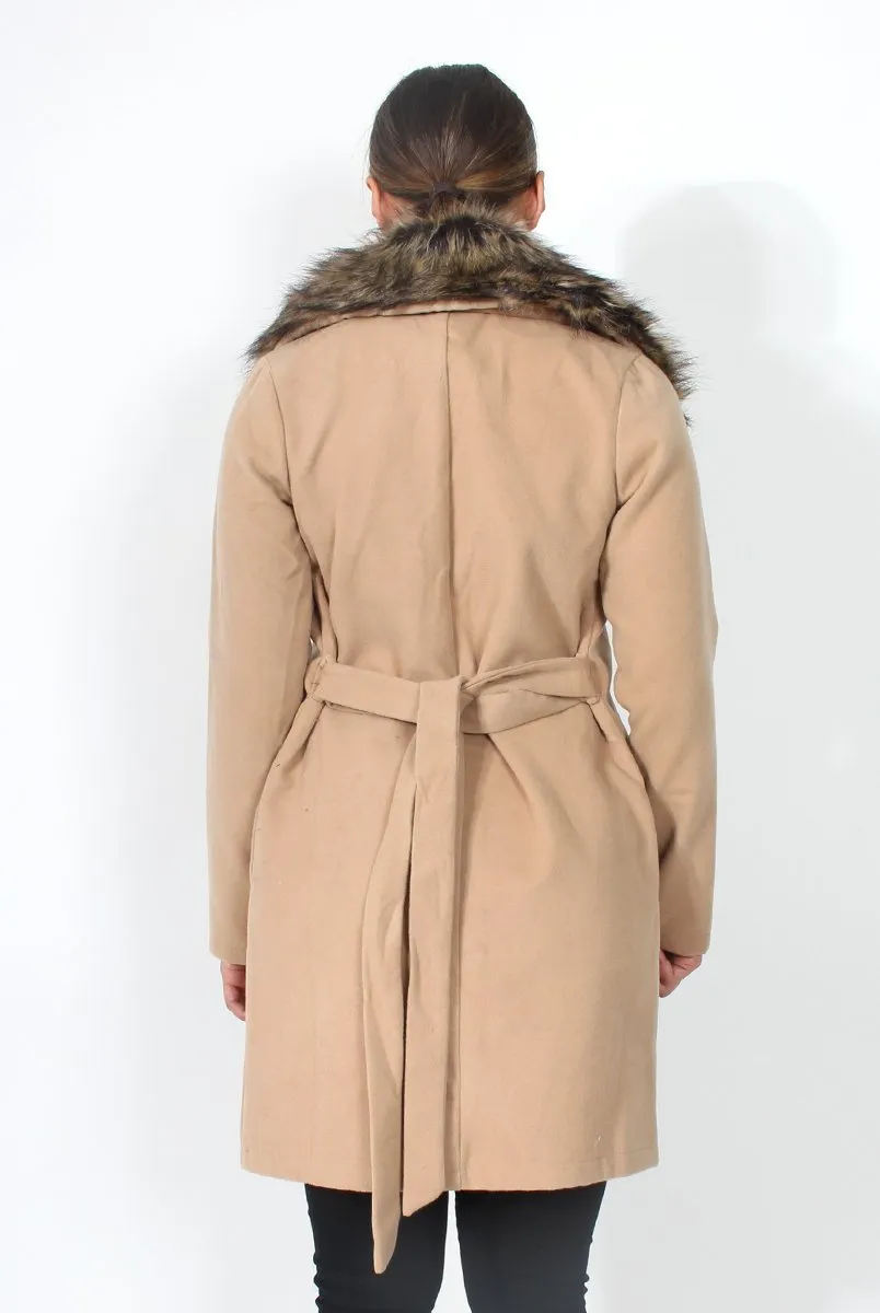 Idella Camel Faux Fur Tie Jacket