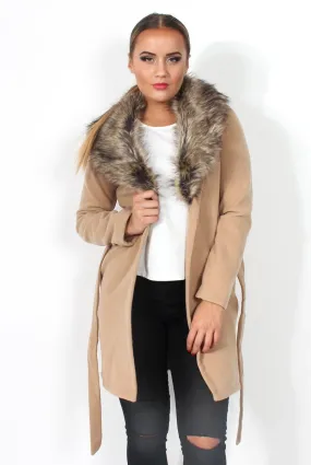 Idella Camel Faux Fur Tie Jacket