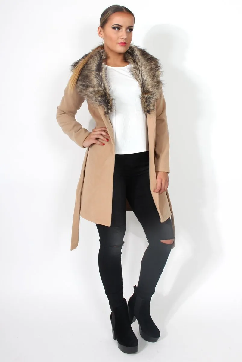 Idella Camel Faux Fur Tie Jacket