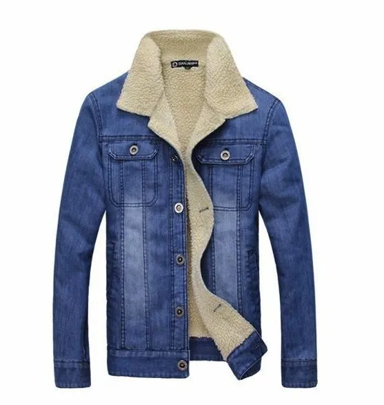 Jeans Denim Trucker Jacket for Men with Shearling Wool Collar