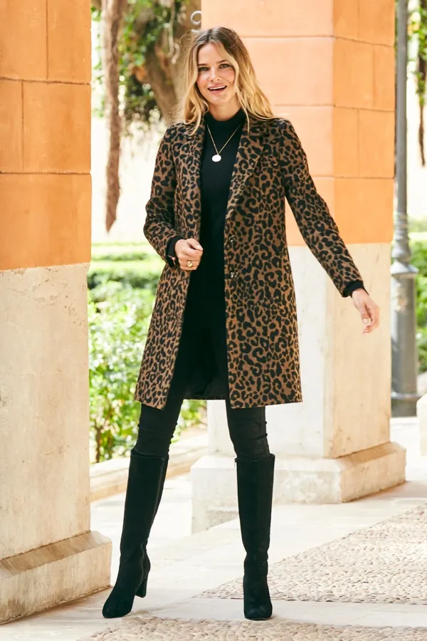 Leopard Print Wool Mix Coat