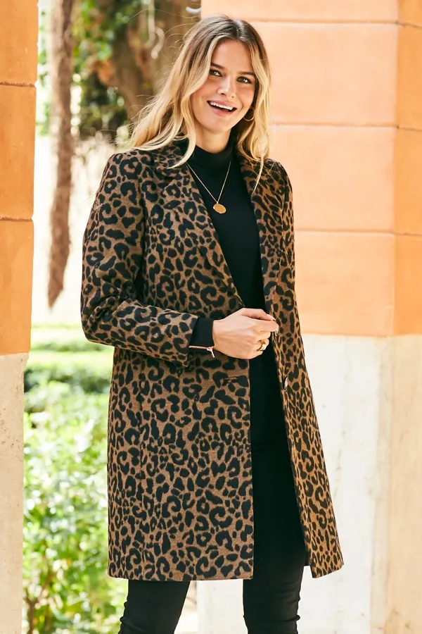 Leopard Print Wool Mix Coat