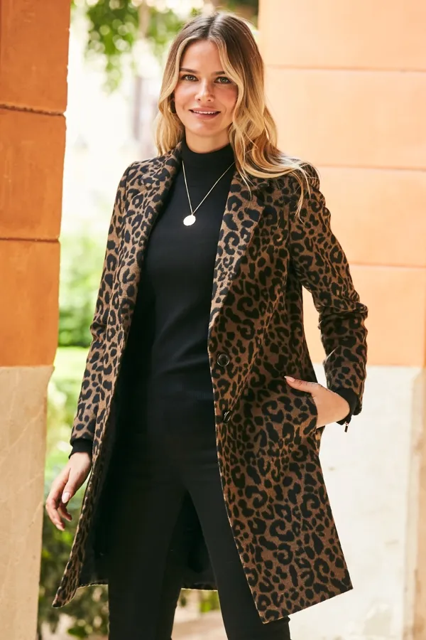 Leopard Print Wool Mix Coat