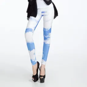 New Leggings Women Casual White Clouds Printing Mid Waist Jegging Slim Comfortable Fitness One Size Female Leggings