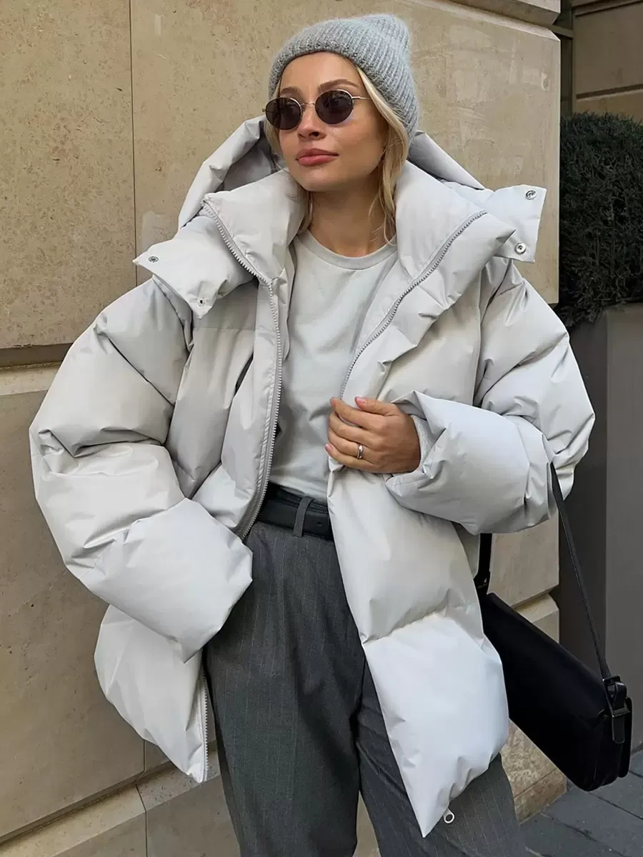 Puffer Coat Hooded Zipper Solid Color Oversized Outerwear For Women