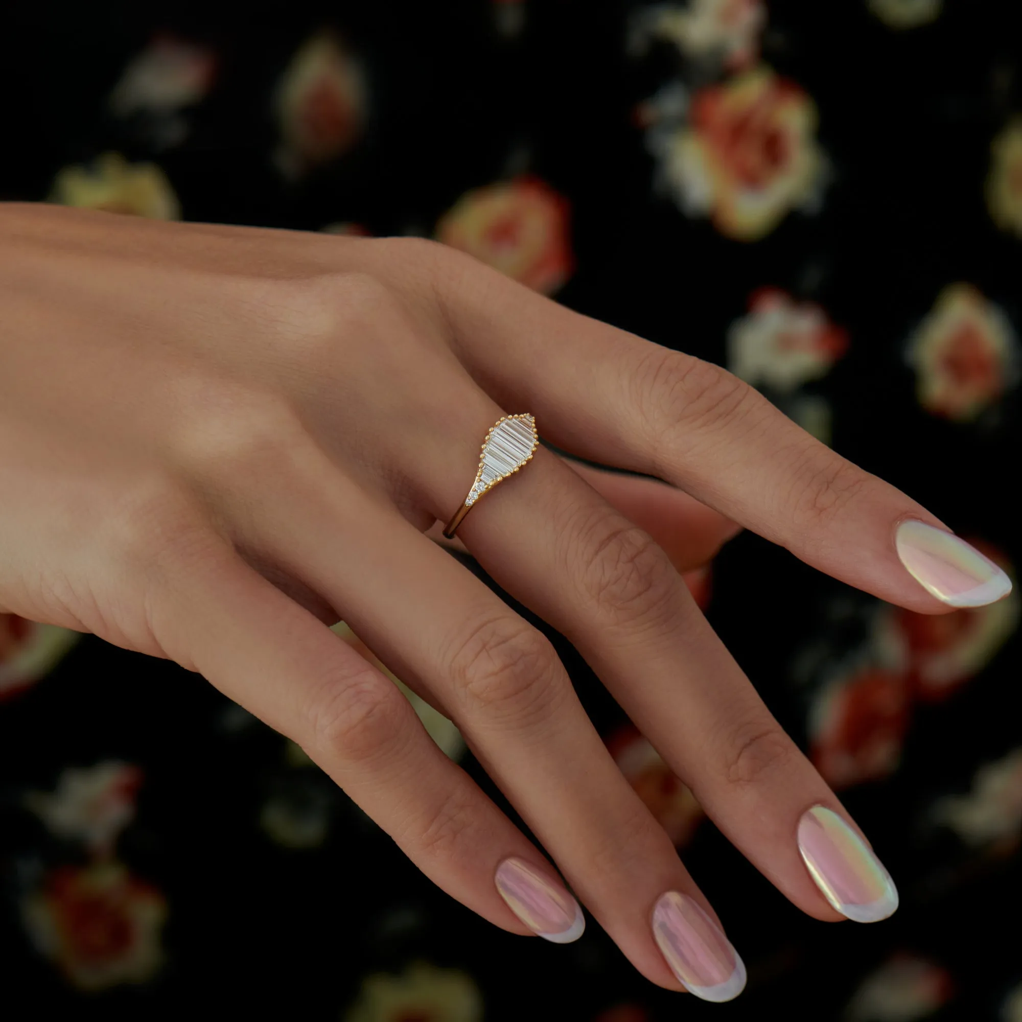 Ready to Ship - Deco Engagement Ring with Needle Baguette Diamonds - Pond of Light Ring - Small (size US 5.5-6.5)