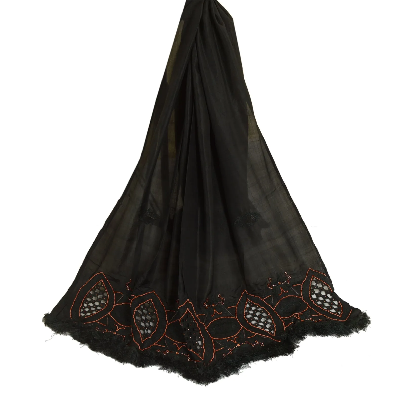 Sanskriti Vintage Black Long Dupatta Stole 100% Pure Silk Hand Beaded Scarves