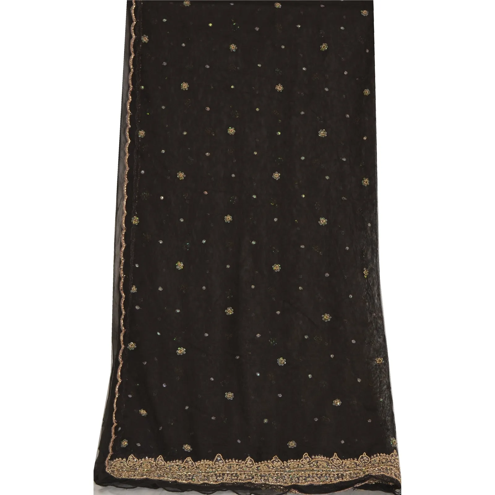 Sanskriti Vintage Black Long Dupatta Stole Net Mesh Veil Hand Beaded Scarves