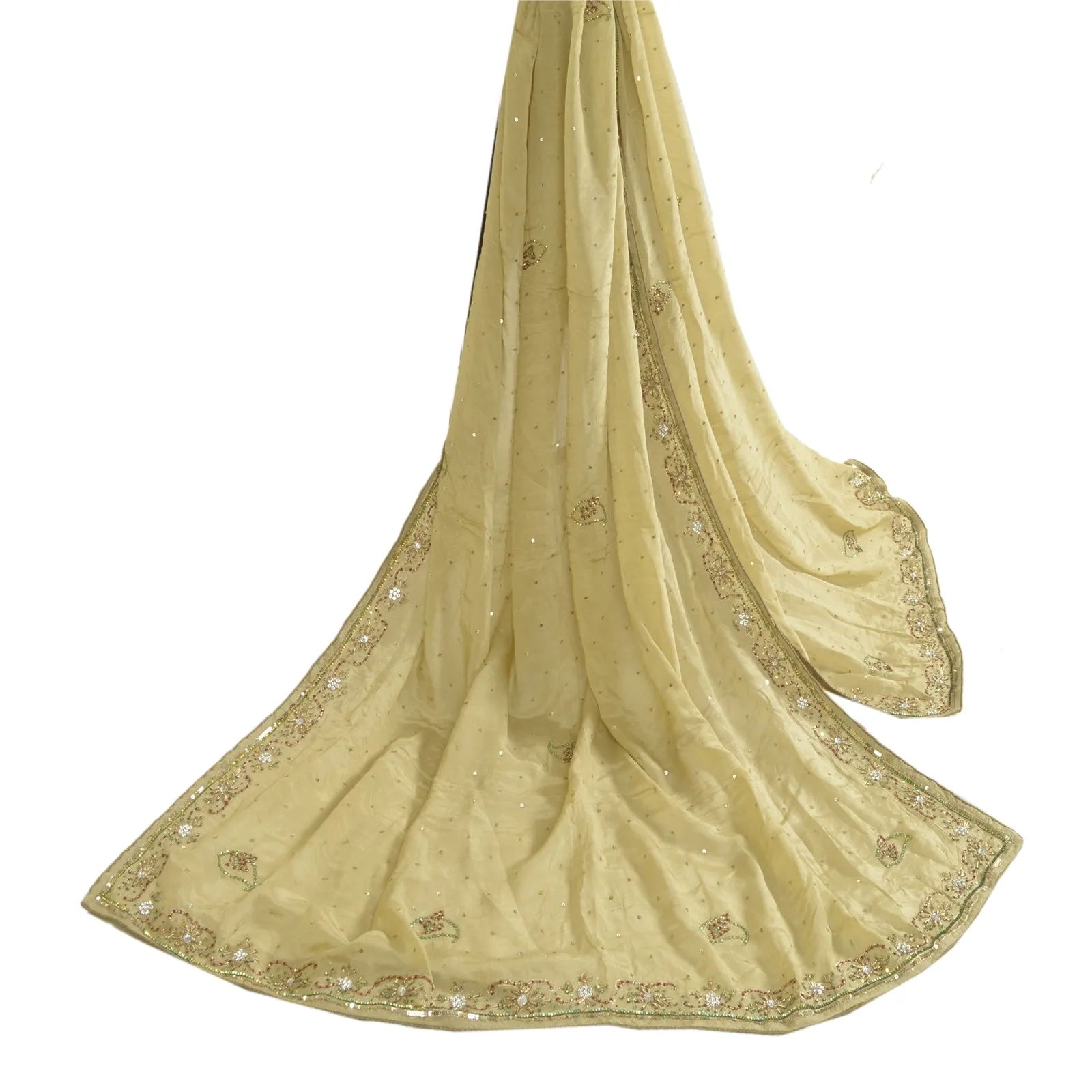 Sanskriti Vintage Cream Long Dupatta Stole 100% Pure Silk Hand Beaded Scarves